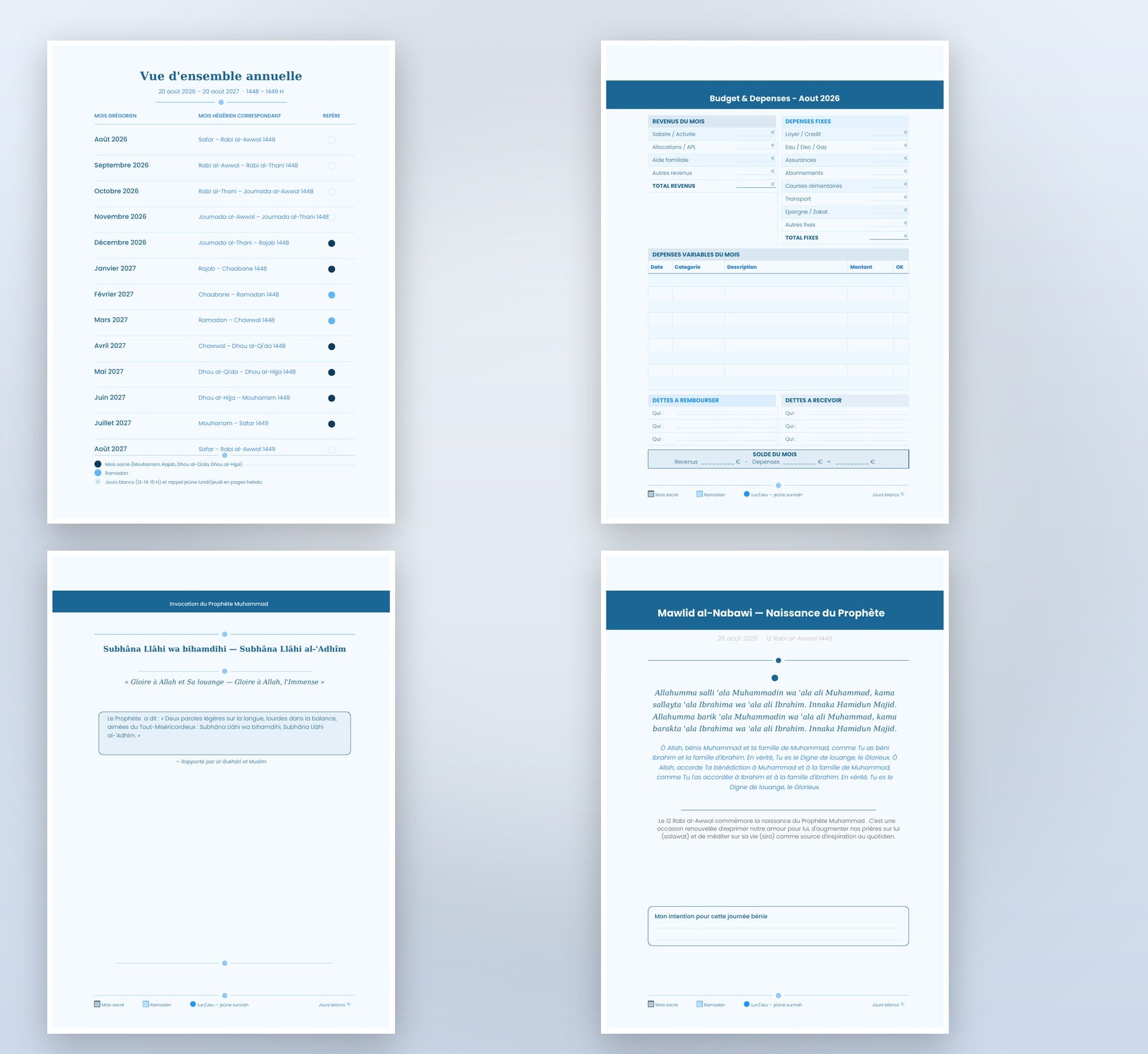 Agenda Musulman 2026-2027 — Bleu Clair