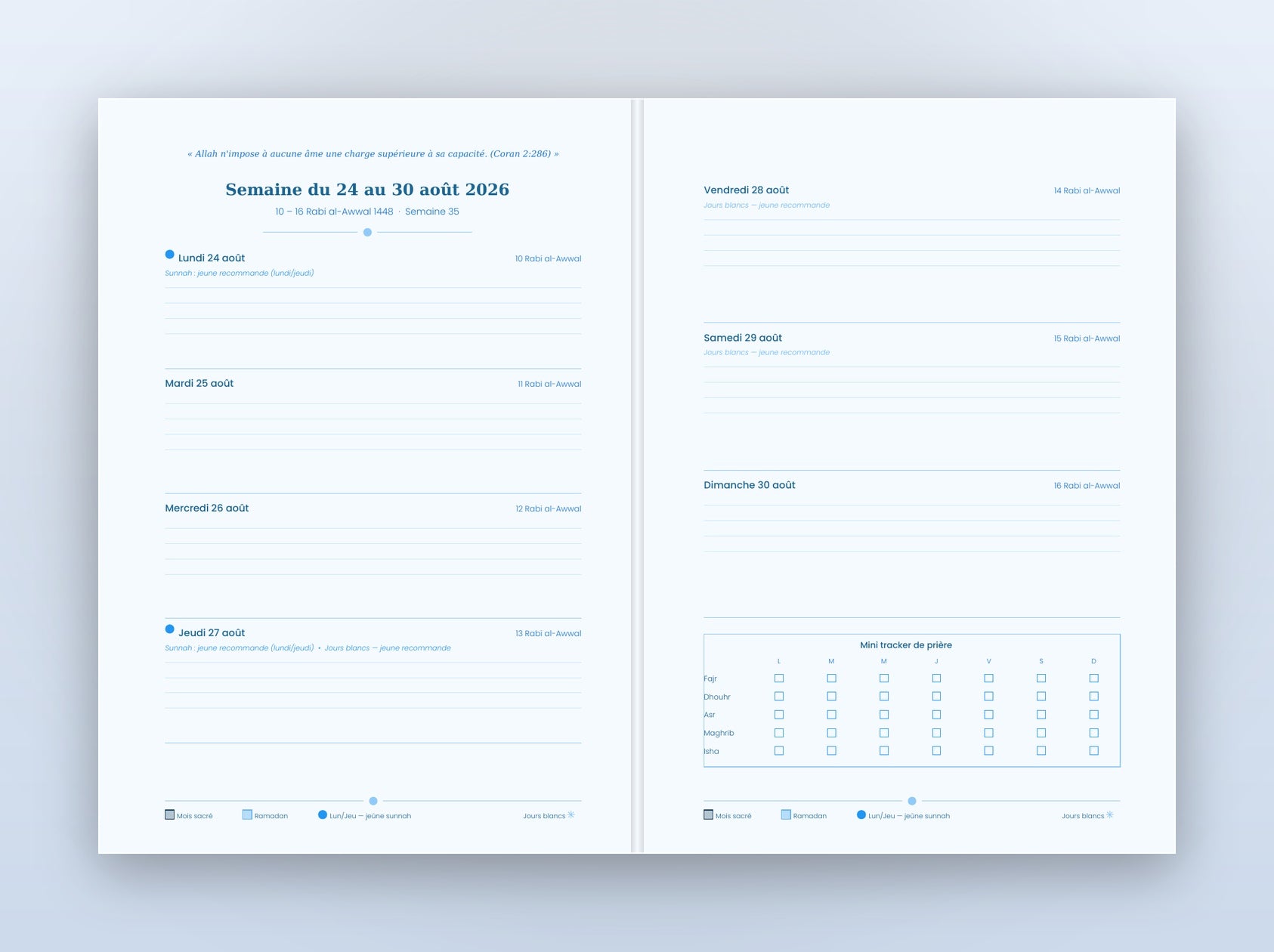 Agenda Musulman 2026-2027 — Bleu Clair