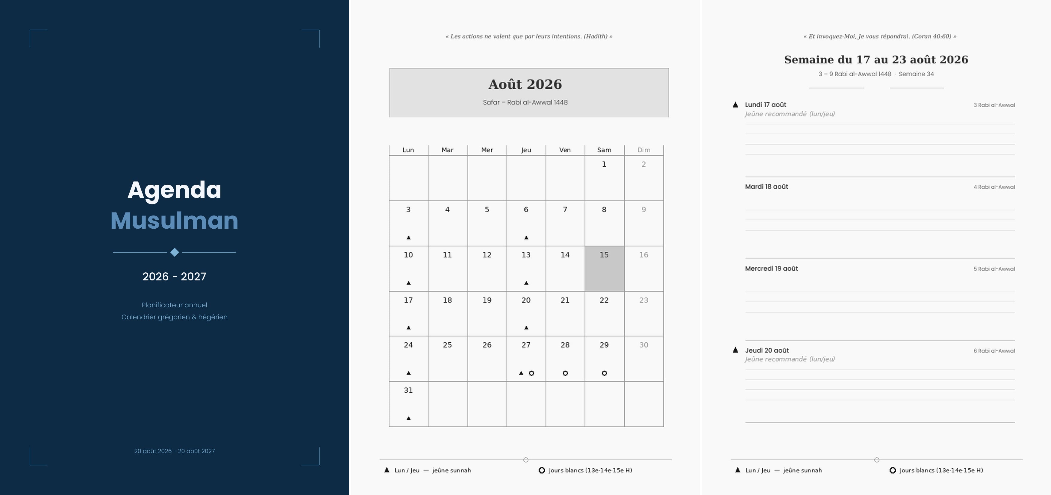 Agenda Musulman 2026-2027 Édition Bleue N&B — couverture et pages intérieures