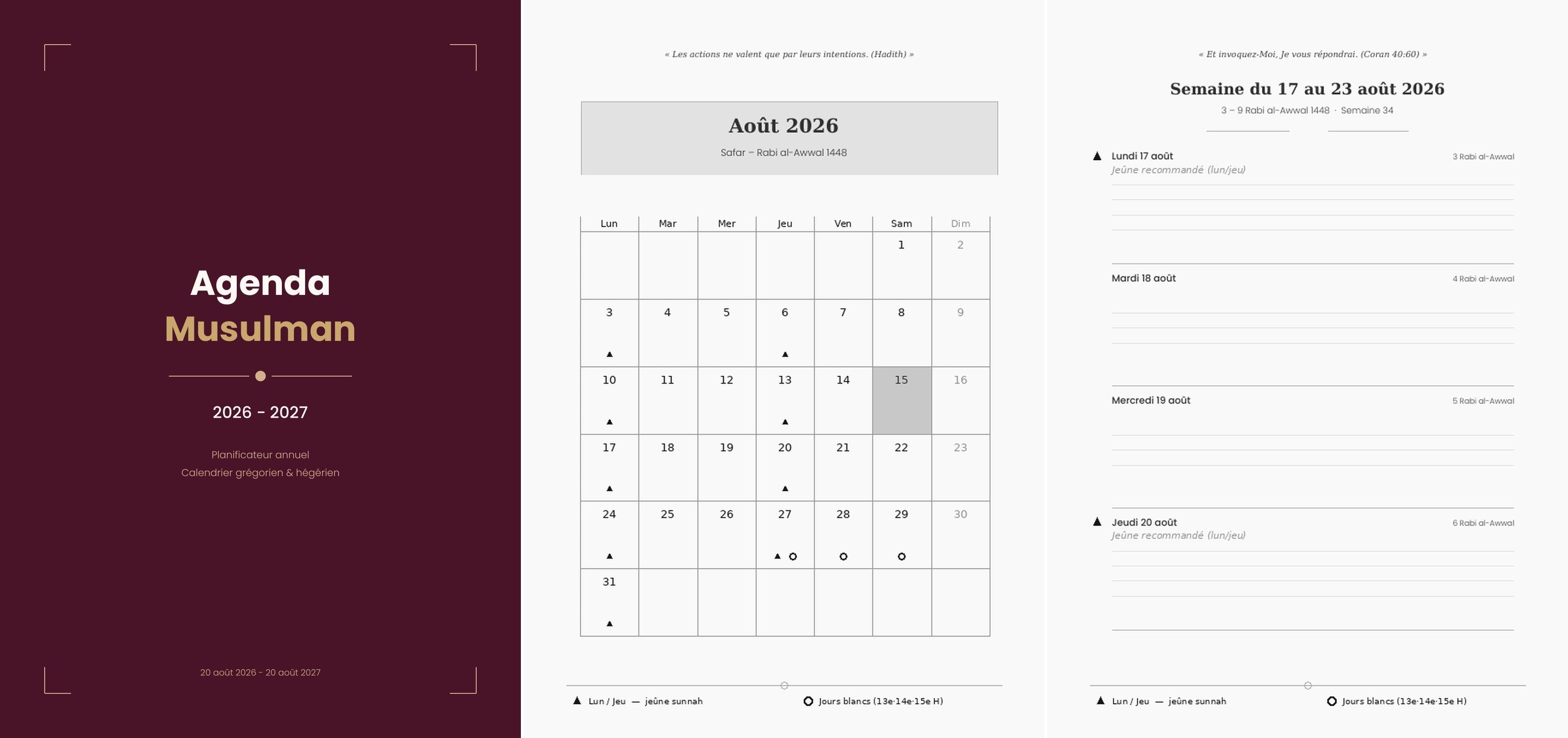Agenda Musulman 2026-2027 Édition Bordeaux N&B — couverture et pages intérieures